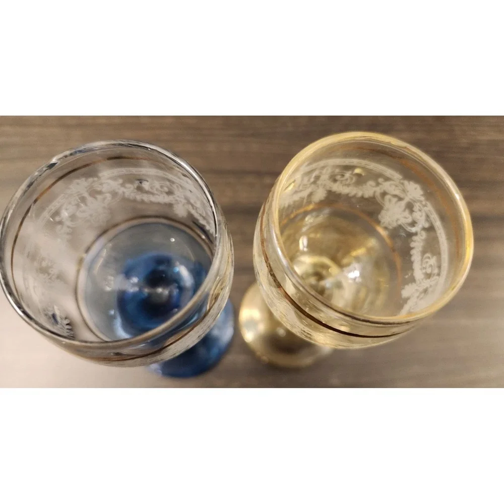 Venezia Cordial Glass LOT Etched Gold Accent Blue Yellow Italian Stemware
